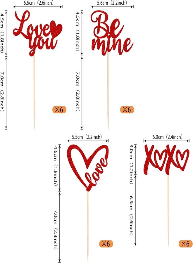 Confetti! 24 Pack Glitter Valentine's Day Cupcake Toppers, Romantic Be Mine, XOXO, Love You Picks for Weddings, Bridal Showers, Birthdays, and Parties - Perfect Cake Decorations - Image 2